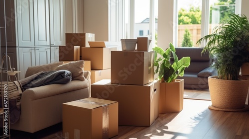 Cardboard boxes with things are stacked. The concept of moving to a new home. © brillianata