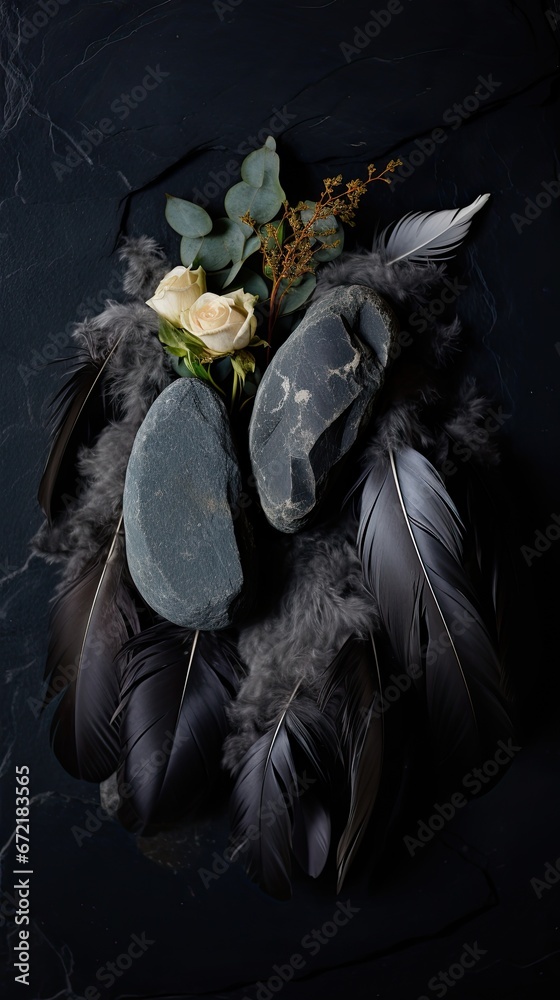 An ethereal spread of dove feathers across a dark slate with space reserved for memorial text. Condolence, funeral announcement, farewell. Vertical orientation. 