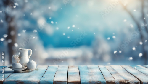 Beautiful Blue Winter Blurred Background with Shabby Table