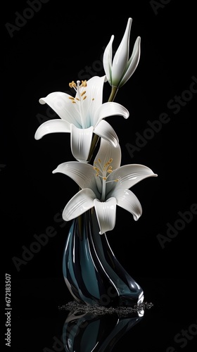 A serene composition where a single white lily rests on a polished obsidian surface. Condolences, funeral announcement, farewell. Vertical orientation. 