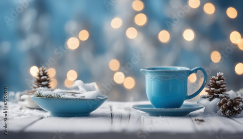 Beautiful Blue Winter Blurred Background with Shabby Table