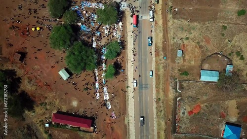 Aerial View Of A Road At The Livestock Cattle Market In Moroto, Karamoja, Uganda.  photo