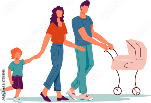Young family couple with two children, with toddler and baby walking together. Happy family with kids portrait.