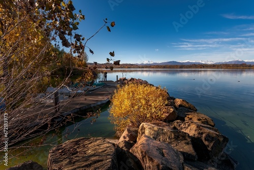 Autumn view of Varese lake in the pre-Alpine region in Lombardy, Italy