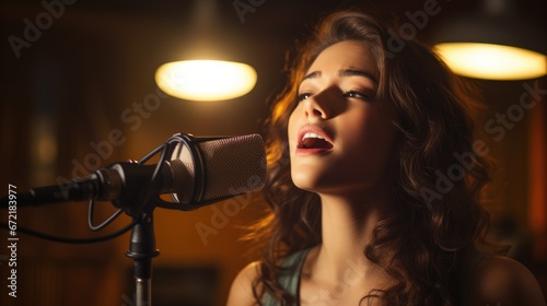 Woman singing into a microphone in a vocal studio. Recording a song