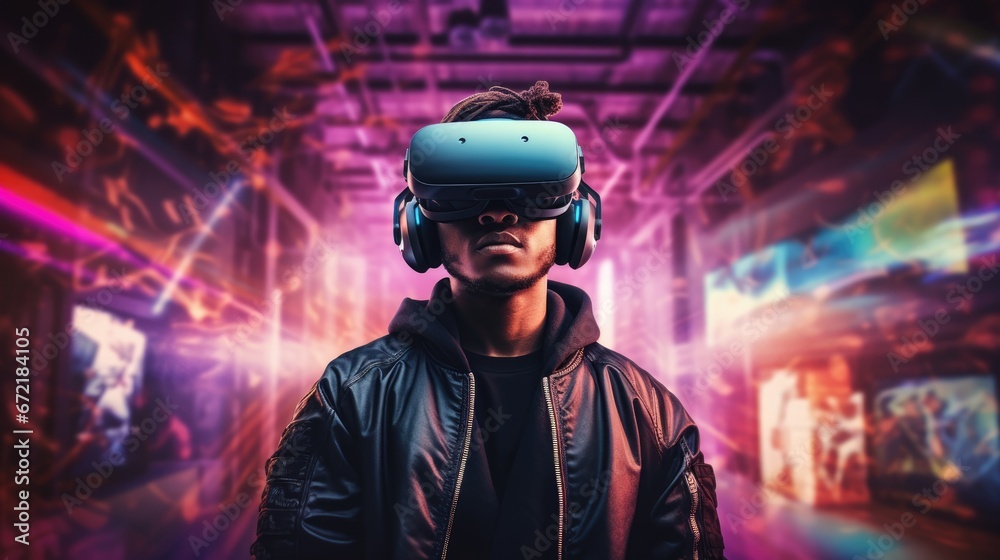 African American guy wearing VR headset, using virtual reality for entertainment