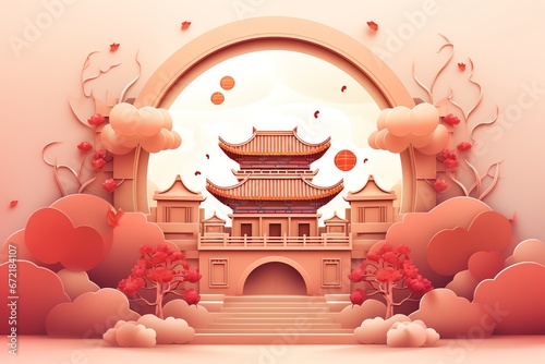 Chinese new year background with temple and lantern © fledermausstudio