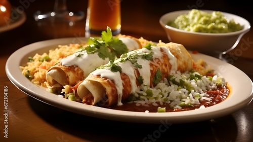 A plate featuring chicken enchiladas smothered in green salsa, garnished with crumbled queso fresco and chopped cilantro, accompanied by a side of refried beans and Mexican rice