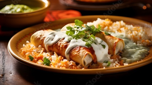 A plate featuring chicken enchiladas smothered in green salsa, garnished with crumbled queso fresco and chopped cilantro, accompanied by a side of refried beans and Mexican rice photo