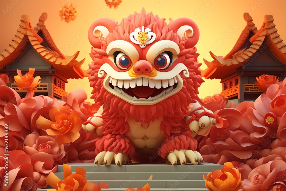 Chinese new year background with temple and lantern