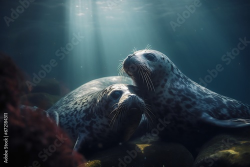 Seal couple in the sea. Underwater photo of two seals. Generative AI.