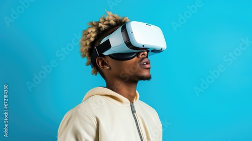 African American guy wearing VR headset, using virtual reality for entertainment