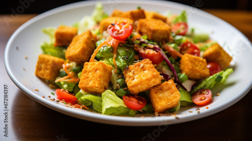 Diced tofu with a spicy cornflake coating on a bed