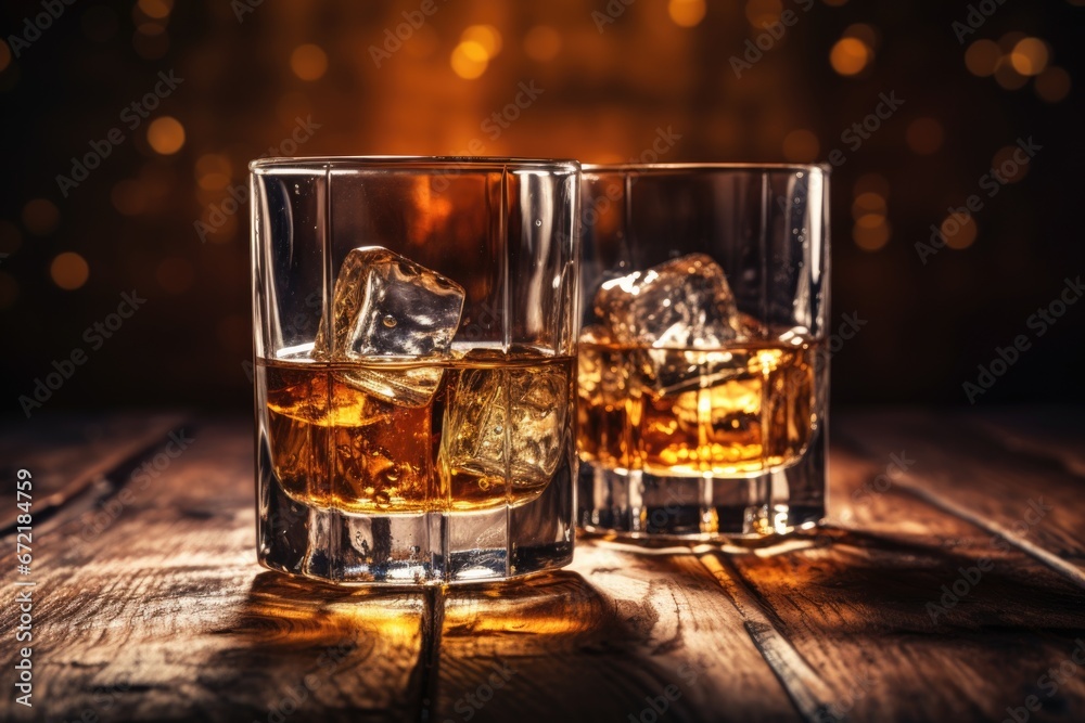tasty whiskey stand on wooden table blurry bar background tasty whiskey stand on wooden table blurry bar background