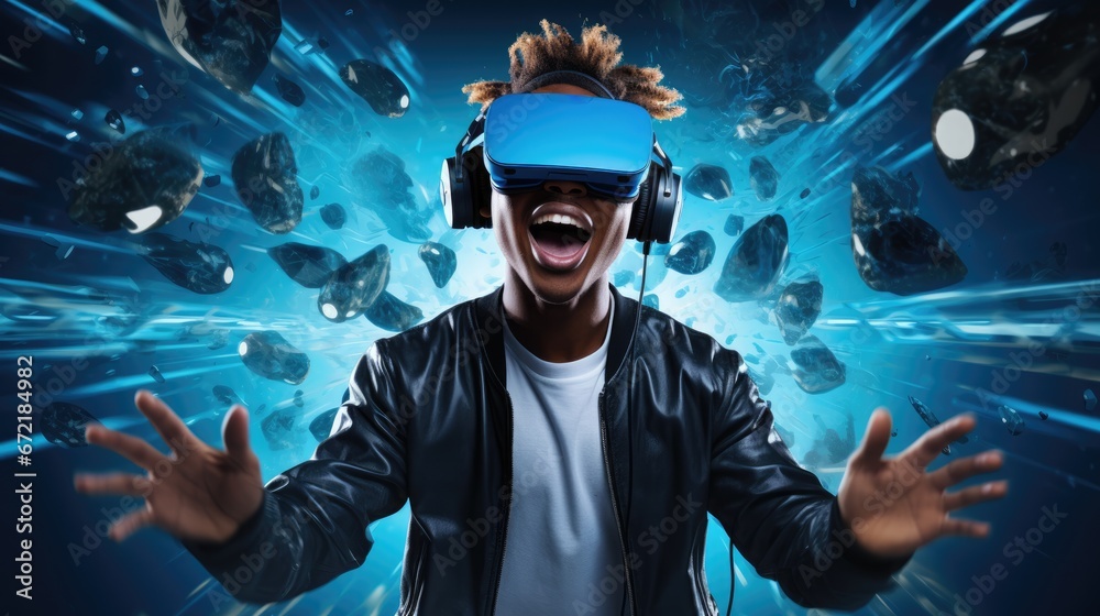 African American guy wearing VR headset, using virtual reality for entertainment