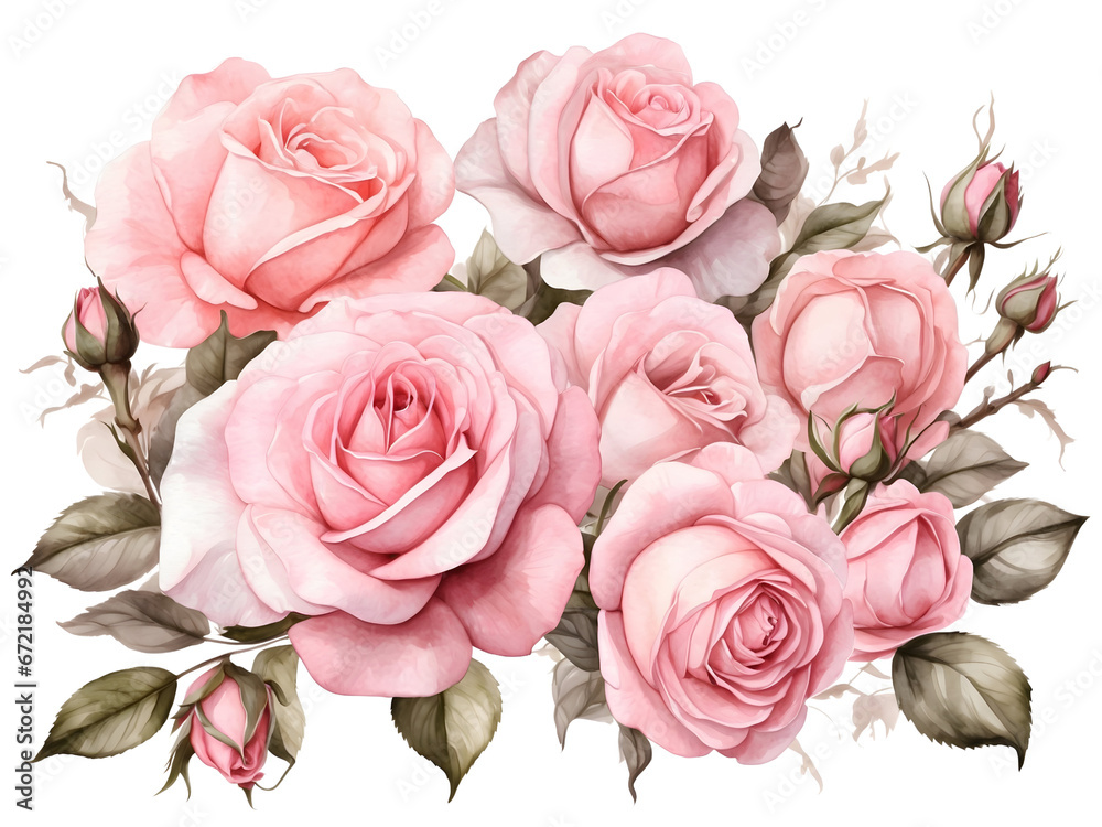 Fototapeta premium Watercolor bouquet of pink pastel roses. Flowers element for decoration. 