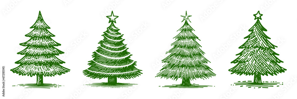Set of Hand drawn Christmas tree line art. Vector illustration - obrazy, fototapety, plakaty 
