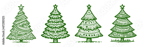 Set of Decorated Christmas tree line art. Vector illustration
