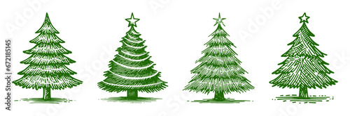Set of Hand drawn Christmas tree line art. Vector illustration