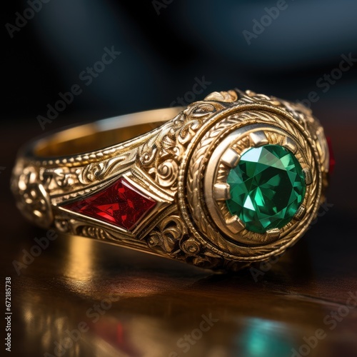 an ornamented gold ring with a green emerald in the center - isolated product photo on dark background