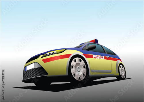 Police car on sky background. Vector 3d illustration.