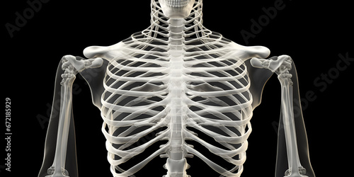 Banner with human skeleton on black background 3d model for teaching purposes skull vertebra scapula generative AI