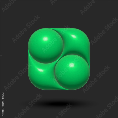 Rounded square logo design 3d shape with two convex circles made of green latex material.