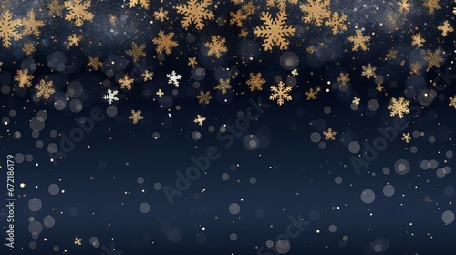 Elegant navy blue Christmas background with sparkling snowflakes and golden sequins