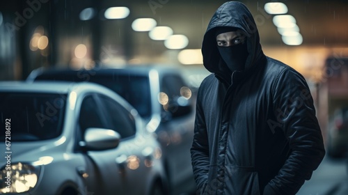Burglar in a black mask tries to open a car in a parking lot at night. Car thief photo