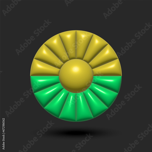 Abstract sun and green grass eco logo of round shape, convex shape made of latex material.