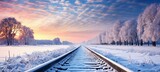 Train railway train on winter landscape. Generative AI technology.
