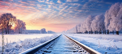 Train railway train on winter landscape. Generative AI technology. © Hero Design