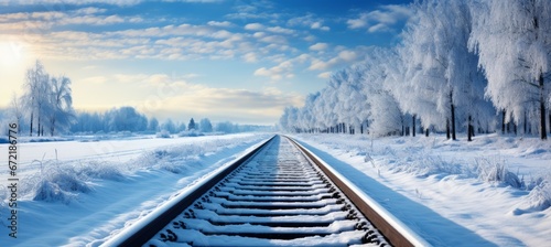 Train railway on winter season. Generative AI technology.