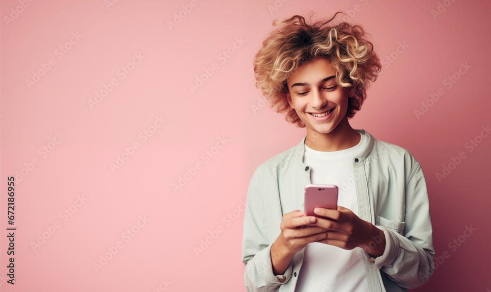 jeune femme souriant qui regarde son smartphone sur un fond uni rose - obrazy, fototapety, plakaty 