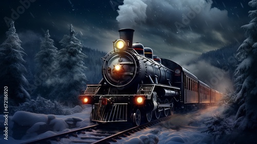 Old steam locomotive driving through a snowy forest at night: a magical Christmas scene