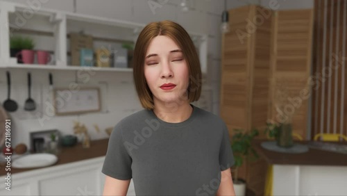 Virtual AI influencer blogger posing on camera. Metaverse female avatar in virtual chat world for virtual chat. Artificial human character talking. Beautiful 3d model human scan animated.	
