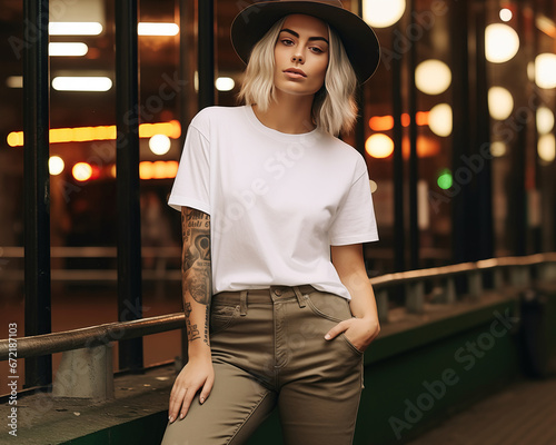 tshirt mock up cowgirl: A woman wearing a white tshirt mockup blank template. Styling is western cowboy, she wears a cowboy hat and is at a bar, club