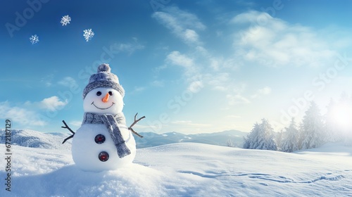 Snowman in winter wonderland: a festive greeting card with copy space © Ameer
