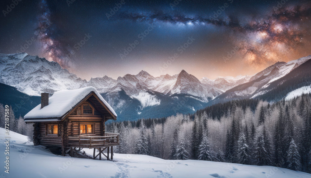 Snowy Mountain Cabin with Starry Sky and Milky Way Snowy Mountain Cabin with Starry Sky and Milky Way