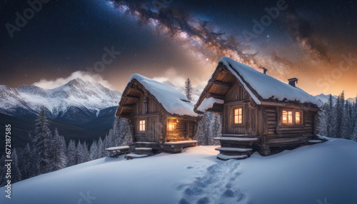 Snowy Mountain Cabin with Starry Sky and Milky Way