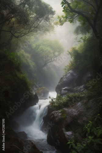 Misty waterfall view generative AI