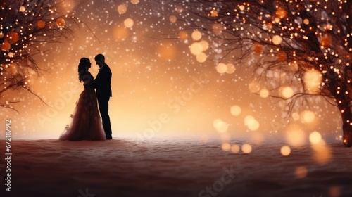 Christmas wedding, blurred background. Couple in love celebrates wedding