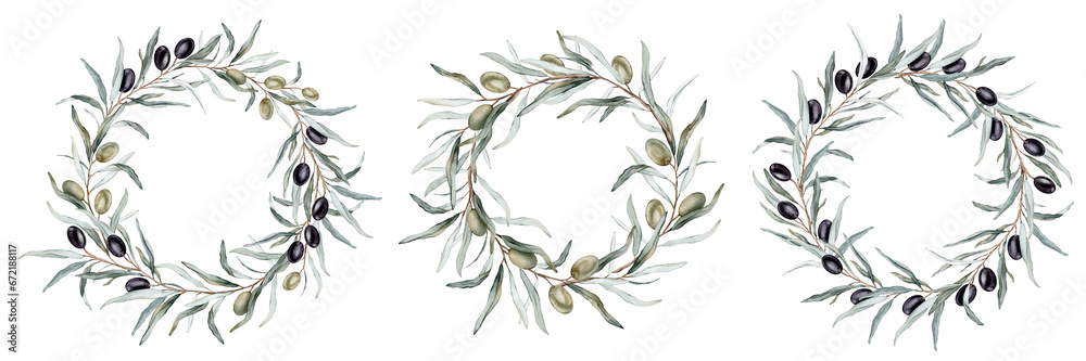 Set of watercolor olive branch round wreath with black and green fruit and leaves. Hand drawn botanical composition illustration natural circle frame isolatedon white background. Design for menu card