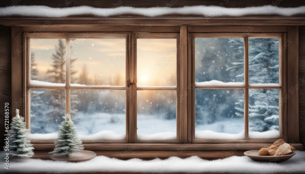 Cozy Winter Window and Wooden Table Setting Cozy Winter Window and Wooden Table Setting