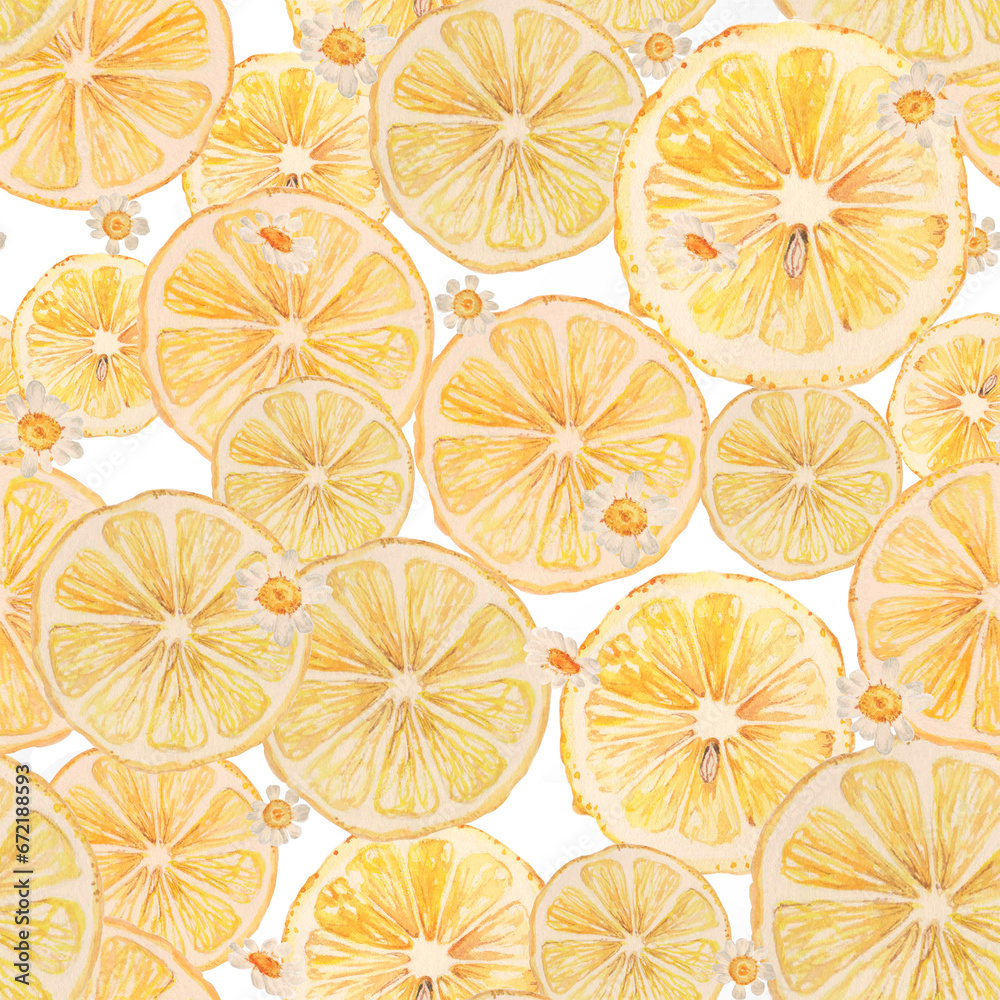Watercolor pattern with lemon and daisies Watercolor pattern with lemon and daisies