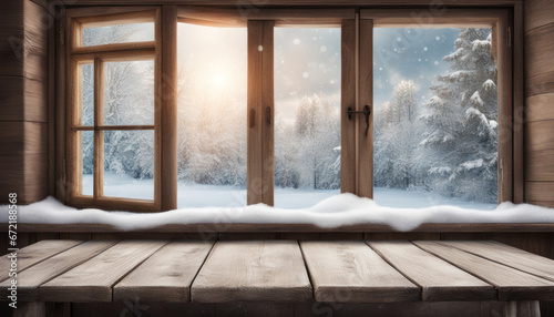 Cozy Winter Window and Wooden Table Setting © Abood