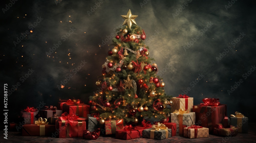 Christmas tree with lights and presents on a festive background