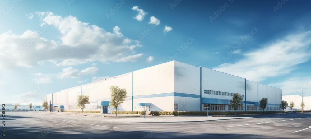 Factory warehouse logistic building exterior. Generative AI technology.	
