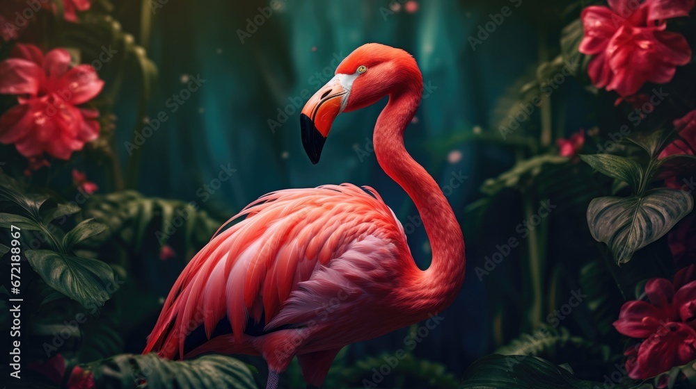 Fototapeta premium Flamingo against a background of exotic leaves