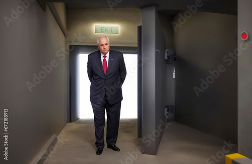 Politician businessman in suit walks into concrete bunker from outside threat to escape